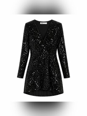 ZARA Black Sequin Mini Dress Long Sleeve V Neck Sparkly Party Dress Size M